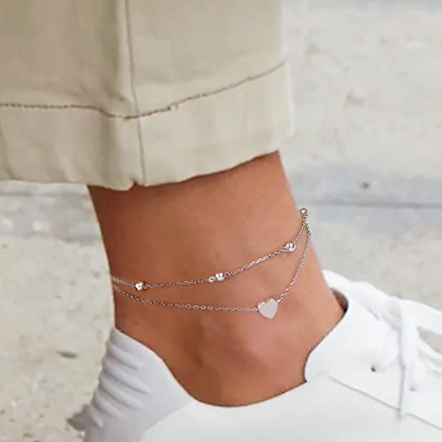 Image of Flyow Anklet for Women S925 Sterling Silver Adjustable Foot Beaded Heart Charm Ankle Bracelet Anklets Jewelry