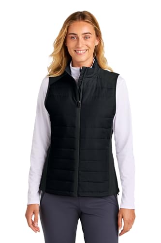 Sport-Tek Women'S Teknical Hybrid Vest | Lightweight Insulated Zip Up Vest, Water Repellent, Adjustable Hem, Zip Pockets, Black, X-Large