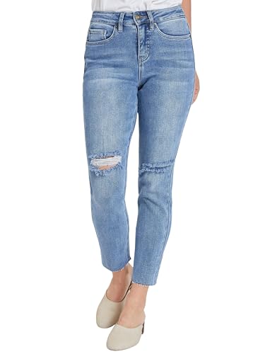 Royalty For Me Womens Women's Vintage Wash Straight Ankle Ripped Jean with Frayed Hem