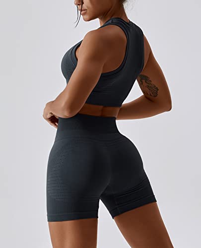 Image of Workout Sets for Women 2 Piece Seamless Ribbed Tank Top Sport Bra High Waist Biker Shorts GYM Yoga Exercise Outfits