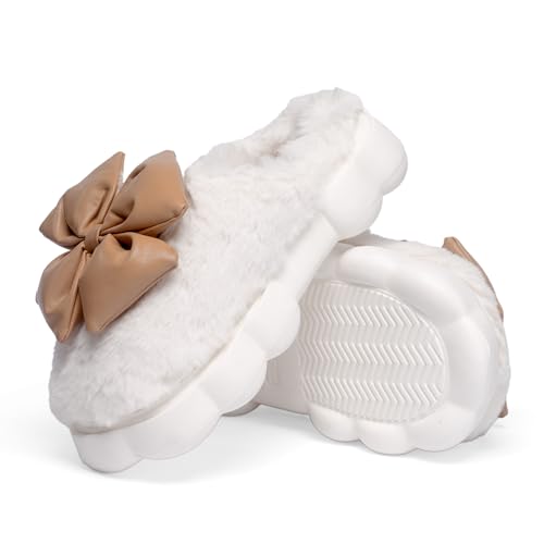 Yuki White Women’s Fuzzy Indoor Outdoor Slippers with Bow Accent – Trendy House Shoes with Non-Slip Cloud Sole for All-Day comfort shoes for women