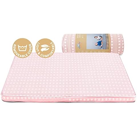 BabyToLove Nap Mat | Easily Rolls Up, Includes Straps to Carry | Perfect for Traveling | Removable Cover | Fits Most Cribs | Pink Stars Cover