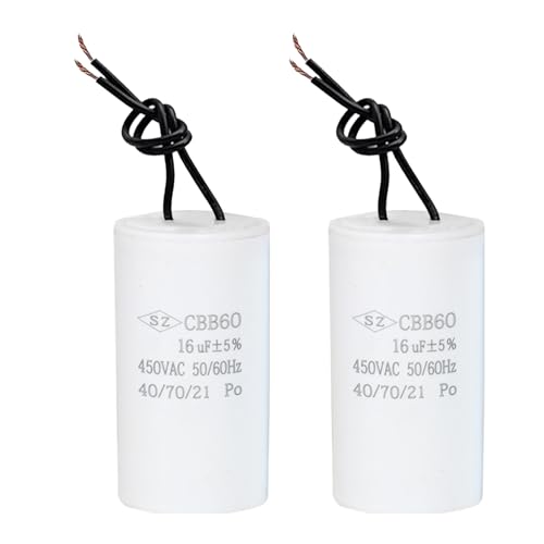 2 Stück CBB60 450V 50/60Hz Anlaufkondensator, Motorbetriebskondensator mit Kabel, Motorkondensator für Wechselstrommotor Lüfter Pumpe Kompressor Entstörkondensator Mikrofaradkondensator (16uF)