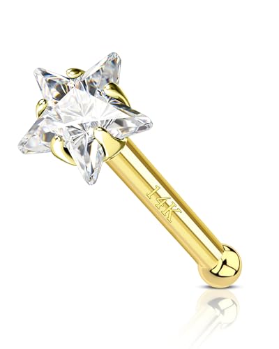 COCHARM 14k Solid Gold Heart Star Nose Stud 20g Yellow Solid Bone Nose Stud 14k Real Gold Nose Ring Stud Hypoallergenic 14Kt Nose Piercing For Women Men