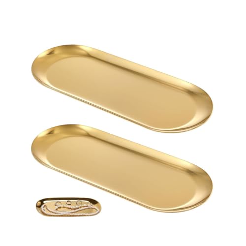 Image of HASTHIP 2Pcs Golden Trinket Trays Stainless Steels, Jewelry Organizer Trays, Dressing Table Organizer, Bathroom Tray, Plates Organizer for Kitchen, 23x9cm