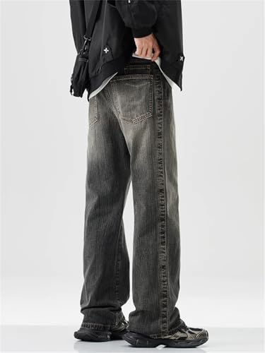 Men Vintage Straight Jeans Zipper with Pockets Pants Streetw Casual Washed Denim Trousers2