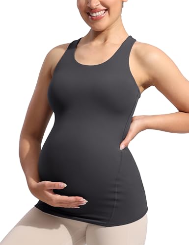 POSHDIVAH Women's Maternity Tank Tops with Built in Bra Padded Sleeveless Pregnancy Yoga Tee Workout Shirt Clothes, Grey Small