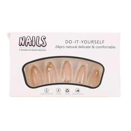 Image of Gold French Tip Press on Nails Nude Fake Nails Medium Almond False Nail with Pearl Rhinestone Design Glossy Glue on Nails Artificial Acrylic Nail 3D Gold Stick on Nail for Women Girls Manicure 24Pcs