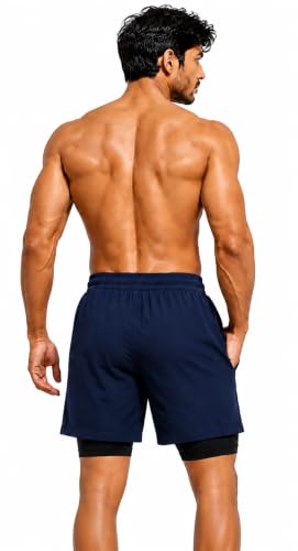 Image of Men's 2-in-1 Dual Layer Workout Shorts with Compression Liner, Phone Pocket, Quick-Dry Athletic Running Shorts for Gym, Training, Sports & Fitness
