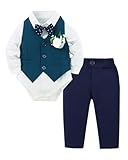 YUEMION Baby Boy Clothes Suit Infant Gentleman Wedding Outfit Formal Dress Shirt+Vest+Tie+Corsage+Pants 5Pcs Tuxedo Set（12-18 Months，White and Dark blue）
