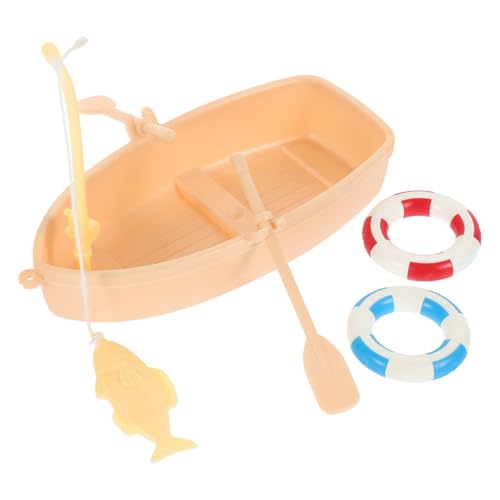Realistic Miniature Fishing Boat Set with Oars and Life Rings, Plastic Canoe Model Figurine for Dollhouse Decor, Fairy Garden Accessories, Nautical Micro Landscape Cake Topper