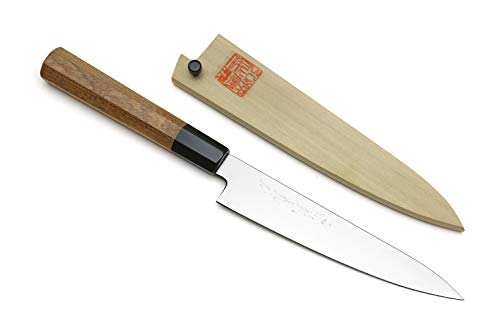 Yoshihiro VG-1 Gold Stainless Steel Petty Japanese Utility Knife Ambrosia Handle w Saya Cover 6 150mm