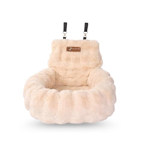 Pelsbarn Luxurious Cozy Car Bed - X-Small Luxury Travel Dog Bed with Safety Belt - Ultra Soft Faux Fur - Beige