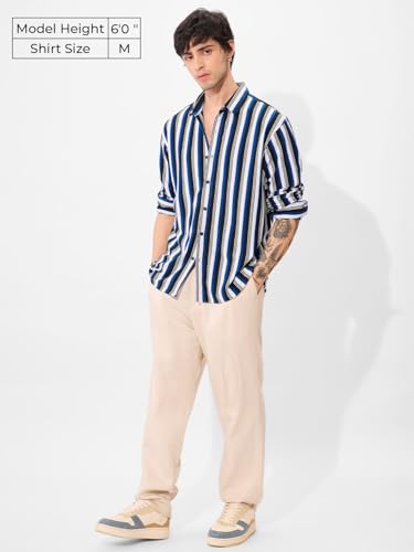 Image of The Souled Store Stripes: Blue, White Men and Boys Long Sleeves Collared Neck Button Front Regular Fit Cotton Blend Textured Shirts