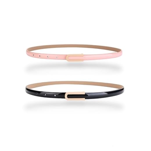 Cinto feminino moderno, elegante, skinny, de couro envernizado, cinto de cintura fina, fivela de liga dourada, Pacote com 2, preto e rosa pêssego, For Waist 30"- 36", Women Size M-L, 6-8