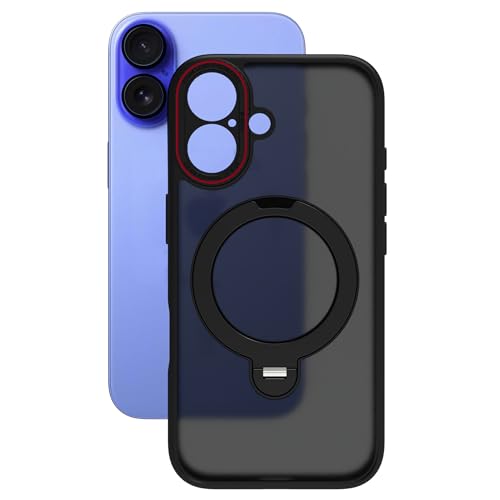 Image of RIGGEAR Shockproof Tough Hybrid Armor 360 Rotating Magnetic Ring Stand Back Cover Case Compatible with MagSafe Accessories for iPhone 16 (Smoke Black Matte PC and Black TPU Bumper)