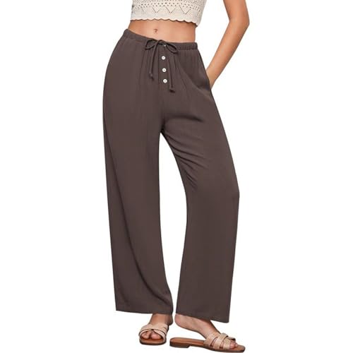 Pantalones de viscosa para mujer, ligeros, de lino, con pierna ancha, cintura alta, cremallera, cordón, holgados, casuales, de verano, con bolsillos, pantalones de bicicleta de carretera, tirantes