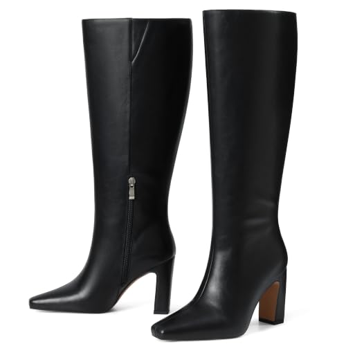 Image of Lovee Cosee Knee High Boots for Women Square Toe Chunky Heeled Boots with Side Zipper Fashion Dress Elastic Tall Boots