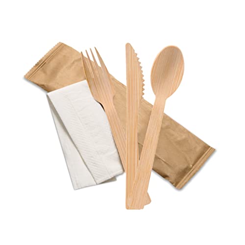 100 x Individual Wrapped Bamboo Wooden Compostable Cutlery Set's - 4in1 100 Packs of Spoon, Fork and Knife Cutlery Set + Napkin | Biodegradable 100 x Individual Wrapped Bamboo Wooden Compostable Cutlery Set's - 4in1 100 Packs of Spoon, Fork and Knife Cutlery Set + Napkin | Biodegradable