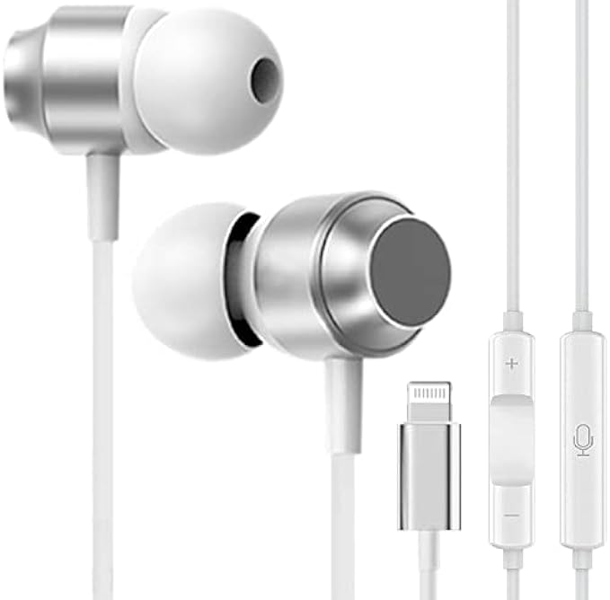 Headphones Earbuds Wired Earphones with Microphone and Volume Control,Lightning Connector Earbud [Apple MFi Certified] Headphone Compatible with iPhone 14/13/12/11 Pro/Xs Max/XR/X/7/8 Plus – White