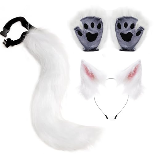 Ensemble d'oreilles queue et gants de loup au pelage synthétique dense