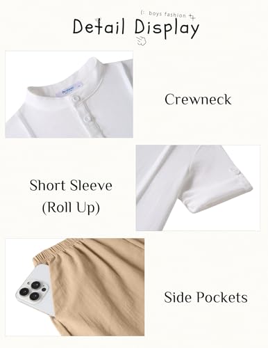 Image of Arshiner Boy's 2 Pieces Linen Sets Short Sleeve Henley Shirt and Shorts Summer Beach Matching Outfits 4-12 Years