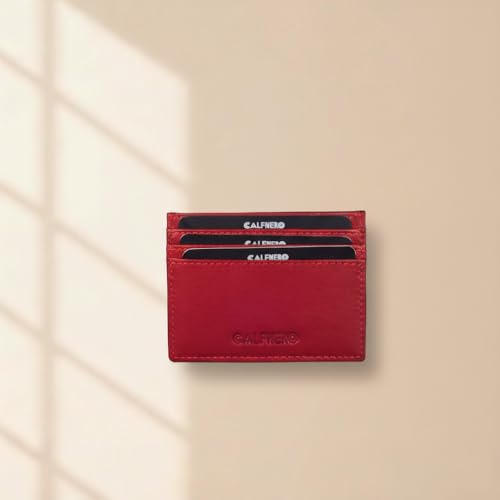 Image of Calfnero Genuine Leather Card Holder-Multiple Card Holder with ID Slots-Red Leather Card Case, One Size (1044)