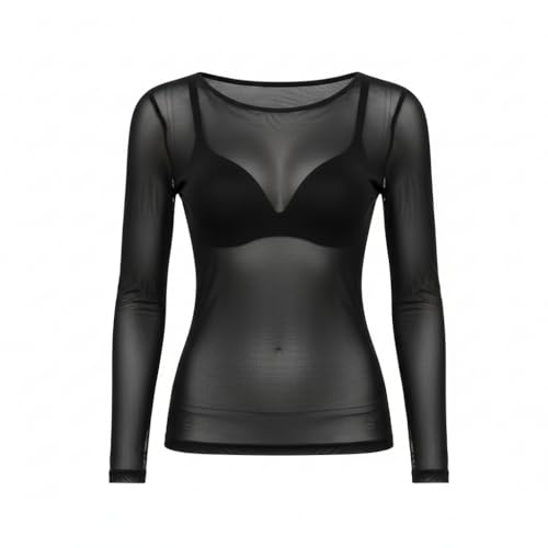 Tisuff Black Mesh Long Sleeve Top for Women, Sheer See Through Blouse for Party Clubwear Evening Occasion, Versatile Seasonal Wear with Stretchy Comfort （M