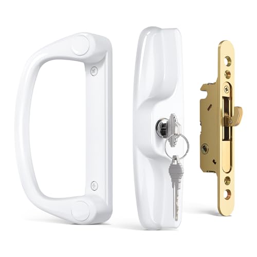 Probrico Patio Sliding Door Lock Set with Key and Mortise Lock Sliding Glass Door Handles 45 Keyway Reversible White Sliding Door Lock Set Fits 3-15/16 Hole Spacing 1 to 2 Thick Doors