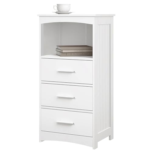 EUGAD Mobile da Bagno Autoportante 3 Cassetti, Cassettiera con 1 Piano e 1 Scomparto a Giorno, Maniglie Argentate, per Ingresso, Soggiorno, Camera da Letto, in MDF, 40x26,5x80cm, Bianco
