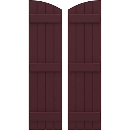 Ekena Millwork ARW401BE414X67WRH Americraft Four 3 Exterior Real Wood Joined Board-n-Batten Shutters w/Elliptical Top (Per Pair), 14"W x 67"H, Wine Red