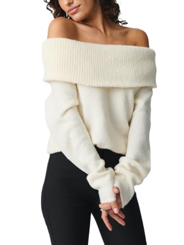 Image of Women Off The Shoulder Sweater Long Sleeve Ribbed Knit Top Y2k Pullover Sweaters Fall Going Out Streetwear