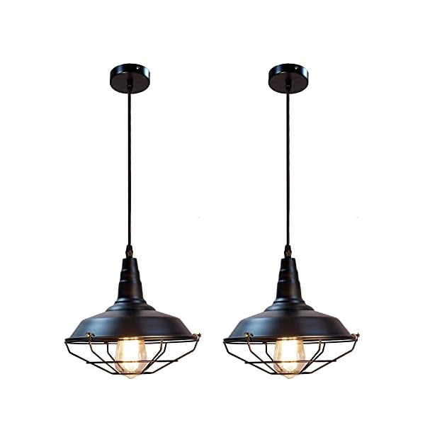 SaiPIS Farmhouse Pendant Light Fixtures, E26 Base Retro Pendant Lighting for Kitchen Island, Industrial Vintage Barn Hanging Lights with Adjustable Cord & Metal Cage(Black Set of Two) SaiPIS Farmhouse Pendant Light Fixtures, E26 Base Retro Pendant Lighting for Kitchen Island, Industrial Vintage Barn Hanging Lights with Adjustable Cord & Metal Cage(Black Set of Two)