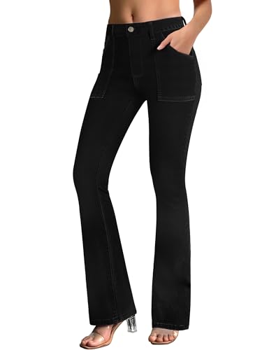 roswear Flare Jeans for Women Stretch Bootcut Jeans 90s Denim Pants with Large Pockets Black Large