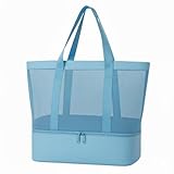 Bolsa de Praia Feminina com Rede Ventilada Compartimento Térmico Isolado Com Zíper Prática e Versátil (Azul)