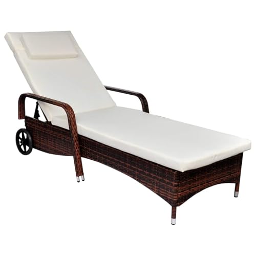 vidaXL Chaise Longue avec Coussin 2 Roues Marron Résine Tressée Bain de Soleil
