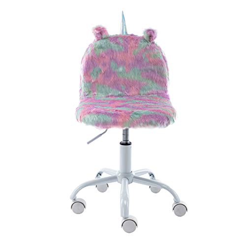 Cute Fuzzy Kids Chair Funny Rolling Study Desk Chair Colorful Girls Vanity Swivel Chair with White Foot