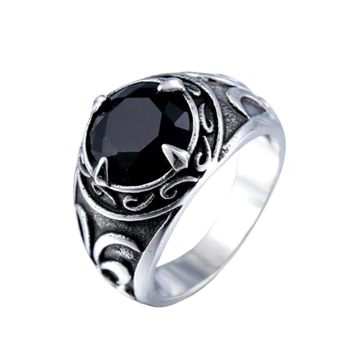 Sumpgle Anillo de acero inoxidable vintage para hombre con incrustaciones de zafiro azul flor tallada Joyería de acero al titanio