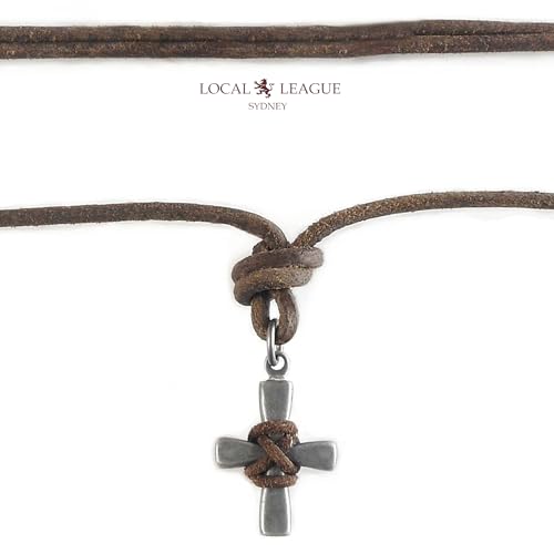 LOCAL LEAGUE Herren-Leder-Halskette mit Kreuz-Metall-Anhänger, Australischer Surfer-Stil, Verstellbar, Braunes Kordel für Männer, Freund, BEACH Party Surfen Urlaub Festival Einstellbar