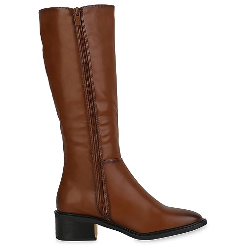 VAN HILL Damen Klassische Stiefel Blockabsatz Basic Klassisch Schuhe 840543 213096 Hellbraun 40