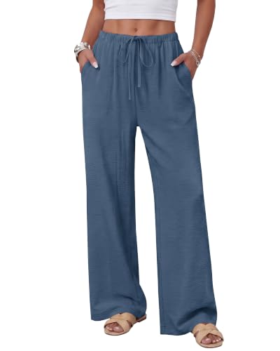 Image of ZOOSIXX Wide Leg Pants for Women - Palazzo Flowy Lounge Lightweight Summer Drawstring Trousers with Pockets Beach Vacation