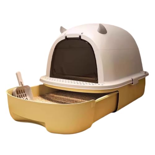 Jopsavm猫用トイレボックス、完全に密閉された引き出し式、シンプルなデザイン、蓋付き、広々とした デザイン、猫砂のこぼれを防ぎ、臭いを抑え、お手入れ簡単 (イエロー)