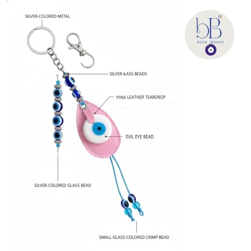 Image of BLUE BEADS Original Blue and White Evil Eye Stone With Pink colour Leather Keychain For Bike /Car Gifting With Key Ring (Pack of 1)