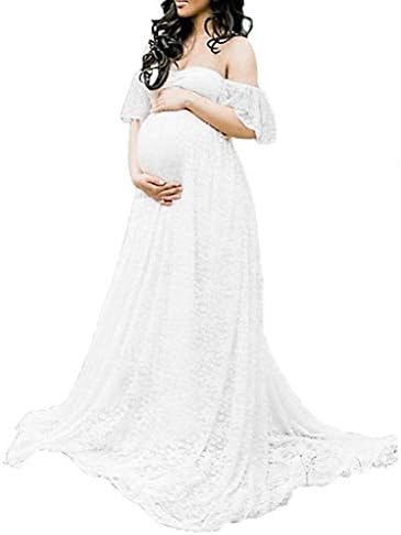 Maternity Photography Props Floral Lace Dress Fancy Pregnancy Gown for Baby Shower Photo Shoot (M, White)