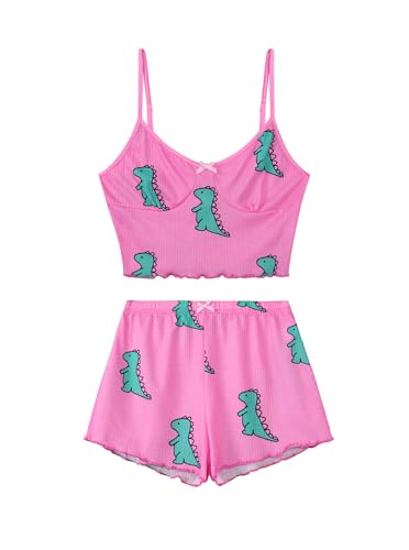 Image of Hilinker Women's Sexy 2 Piece Pajama Set Ribbed Cami Top and Shorts Sleepwear Cute Pjs Pink Dinosaur X-Large