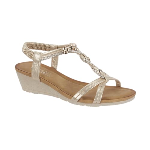 Jo & Joe Ladies Mid Heel Wedge Comfort Sandal with Glitzy Jewels and Elasticated Slingback Strap, Flexible sole sizes 4-8 (Gold 6, UK Footwear Size System, Adult, Women, Numeric, Medium, 6)