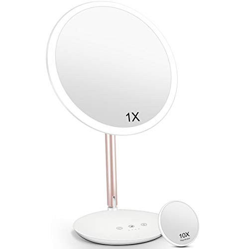 Rechargeable Lighted Makeup Vanity Mirror, Cosmirror 8inch Makeup Mirror with 80pcs LED Lights and 3 Colors Lighting, 1X/10X Magnification, Touch Sensor Dimming, Round Cosmetic Light Up Mirror (White)