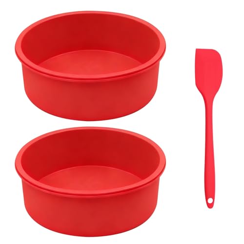 VQBKHO 2 Stück Backform Silikon Kuchenform Rund 15 cm silikon backform 15 cm für airfryer, silikonbackform Rund für DIY Käse Brot Torte, Ein 21 cm langer Silikonspatel erleichtert das Entformen