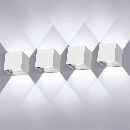 Ledmo 4 Piezas Aplique Pared Exterior Interior 6000k Blanco Frío Aplique De Pared Ángulo De Haz Ajustable 10w Aplique Pared Led Ip65 Impermeable,Blanco