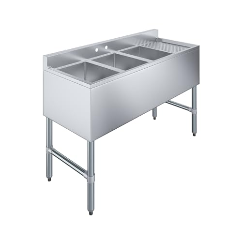 Image of AmGood 48 in. x 18-3 /4 in. Three Compartment Under Bar Sink with Right Drainboard. 48 in. x 18-3 /4 in. x 30 in. with 3 in. Backsplash, 10 in. x 14 in. x 10 in. Bowls. NSF